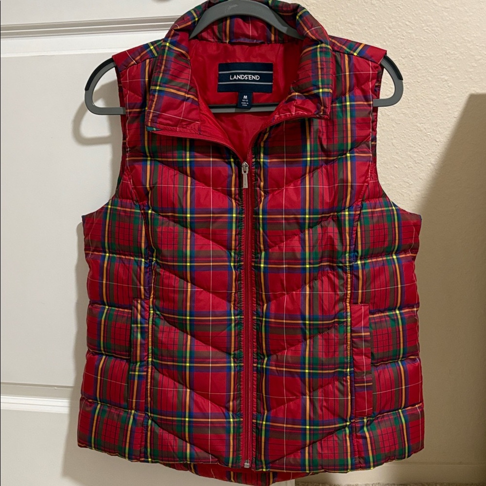 Lands’ End Red, Navy & Hunter Green Tartan Plaid Down Puffer Vest Medium 10-12
